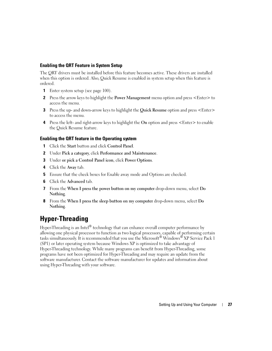 Dell 200 Hyper-Threading, Enabling the QRT Feature in System Setup, Enabling the QRT feature in the Operating system 