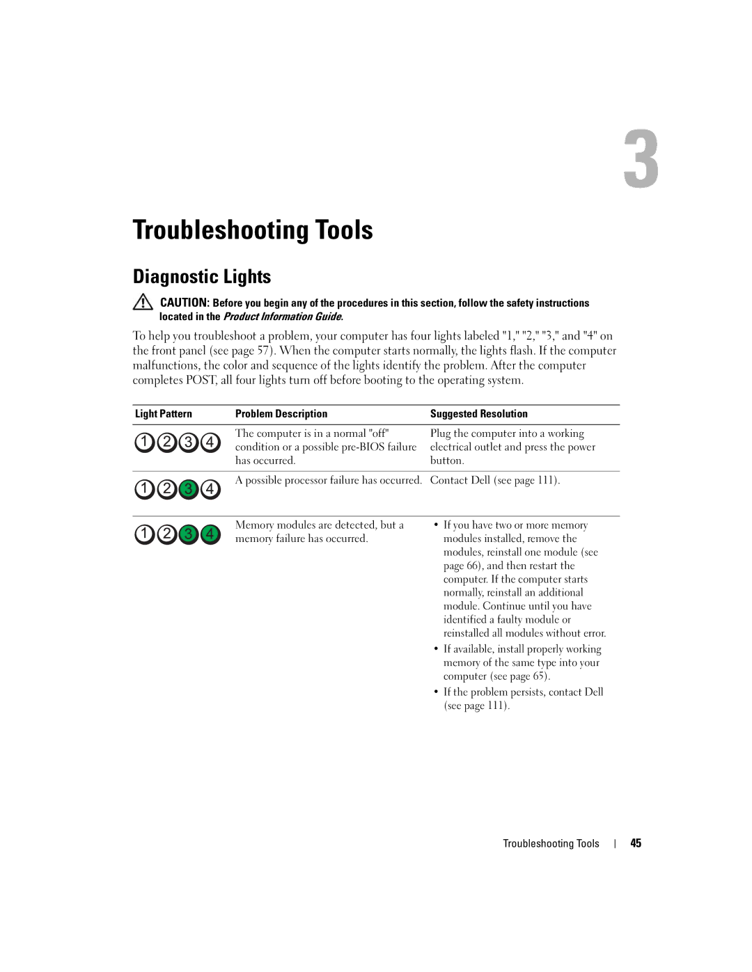 Dell 200 owner manual Diagnostic Lights, Light Pattern Problem Description Suggested Resolution 