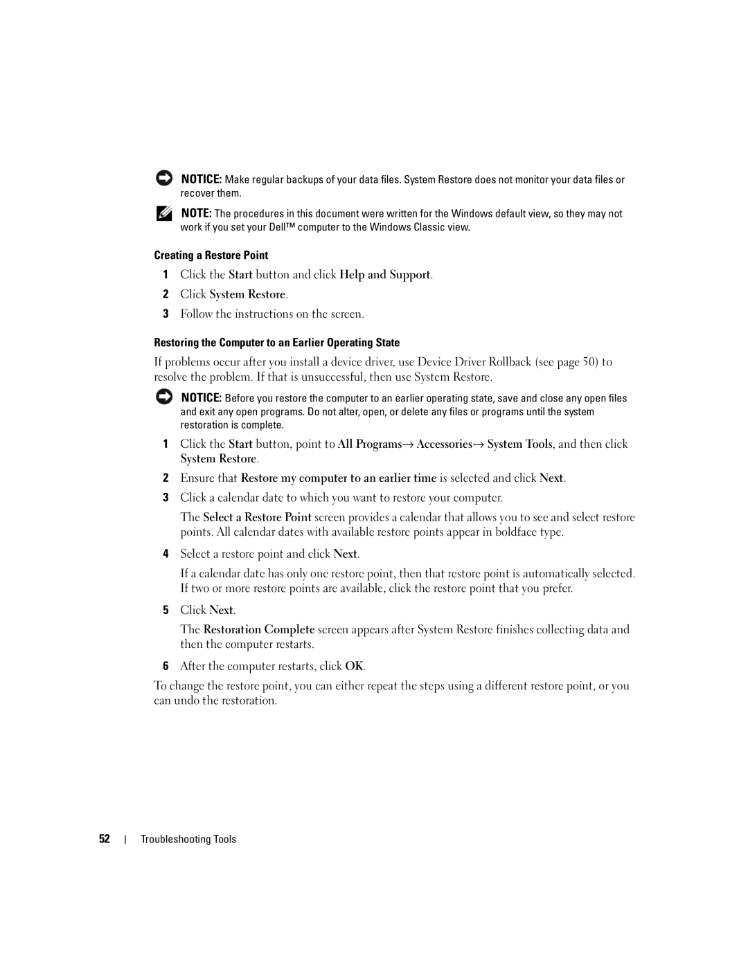 Dell 200 owner manual Creating a Restore Point, Restoring the Computer to an Earlier Operating State 