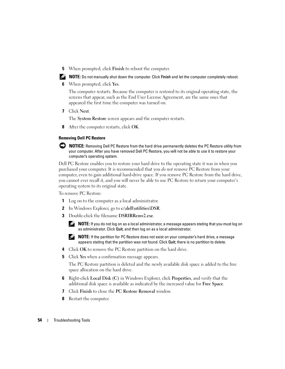 Dell 200 owner manual Removing Dell PC Restore 