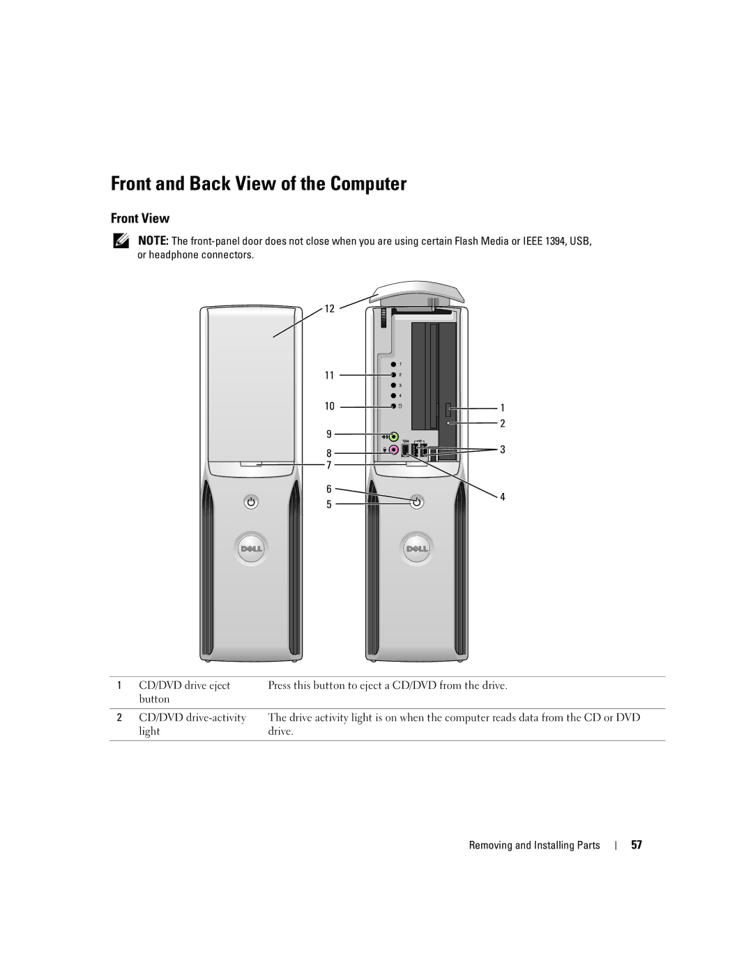 Dell 200 owner manual Front and Back View of the Computer, Front View, CD/DVD drive eject, Button 