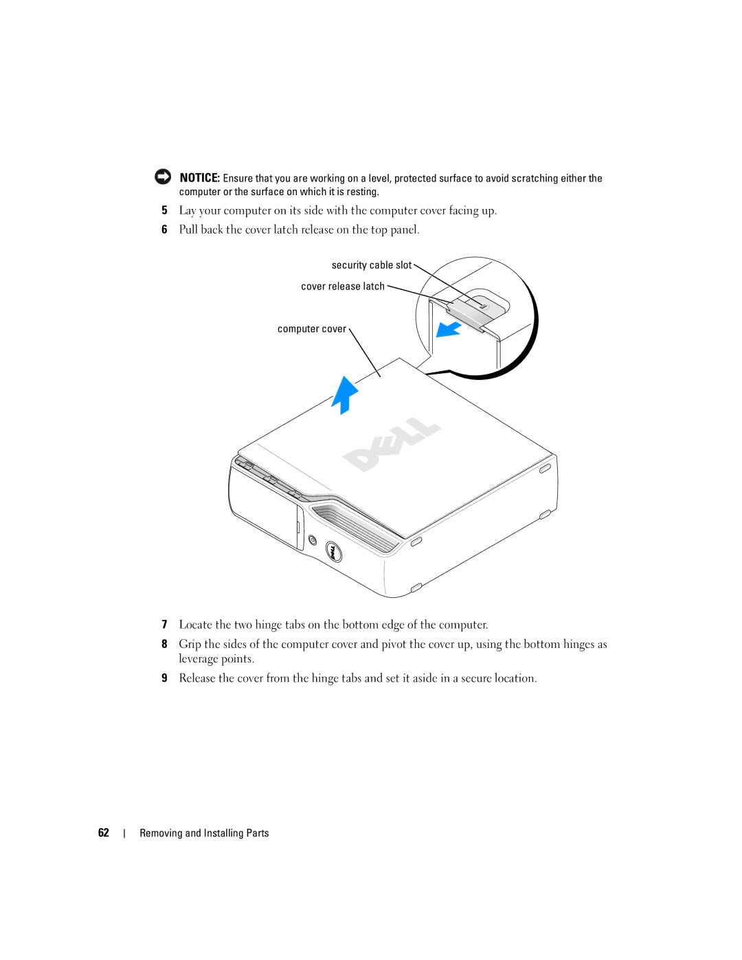 Dell 200 owner manual Security cable slot Cover release latch Computer cover 