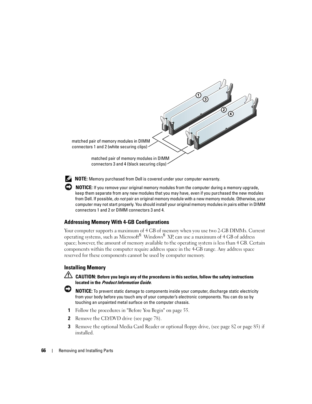 Dell 200 owner manual Addressing Memory With 4-GB Configurations, Installing Memory 