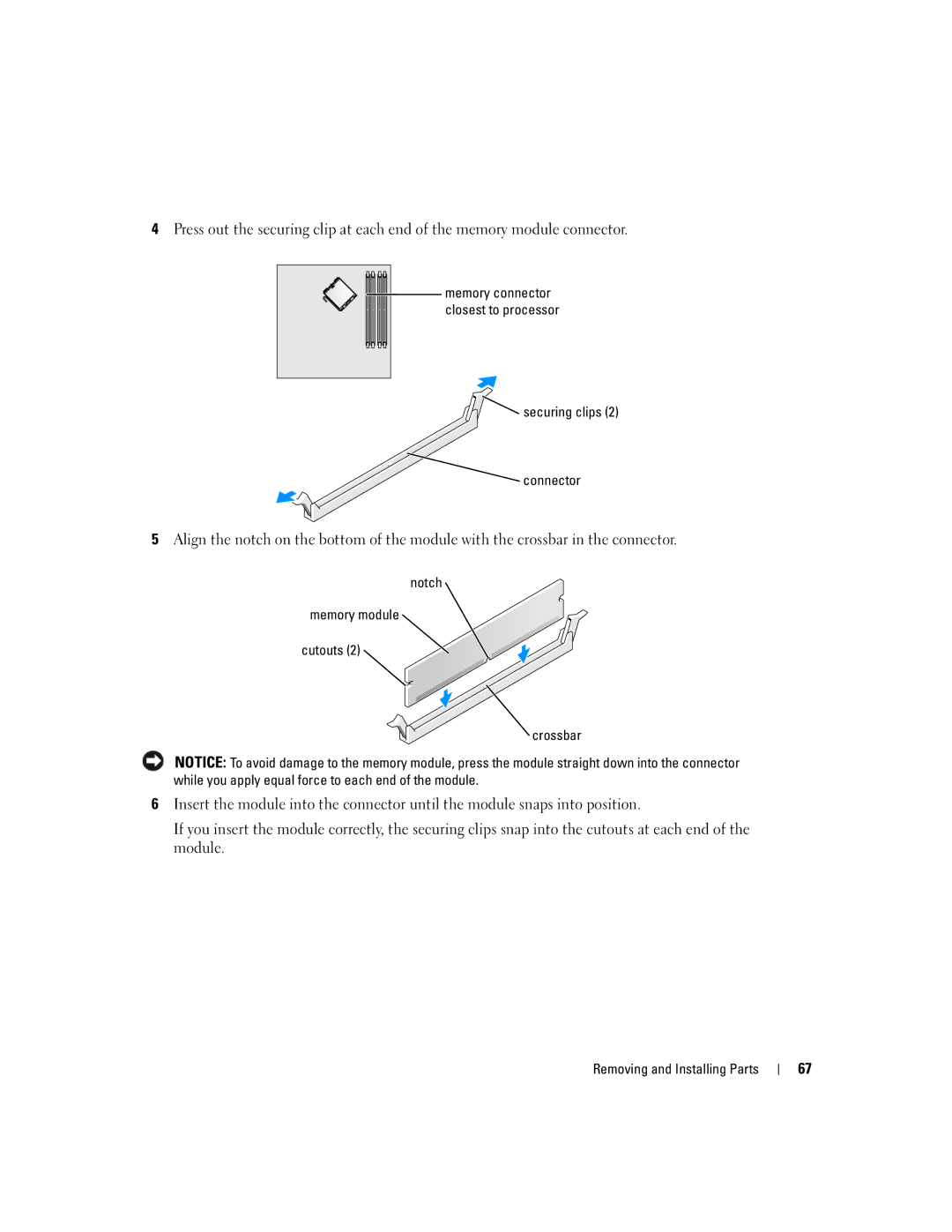 Dell 200 owner manual Securing clips Connector, Notch Memory module Cutouts Crossbar 