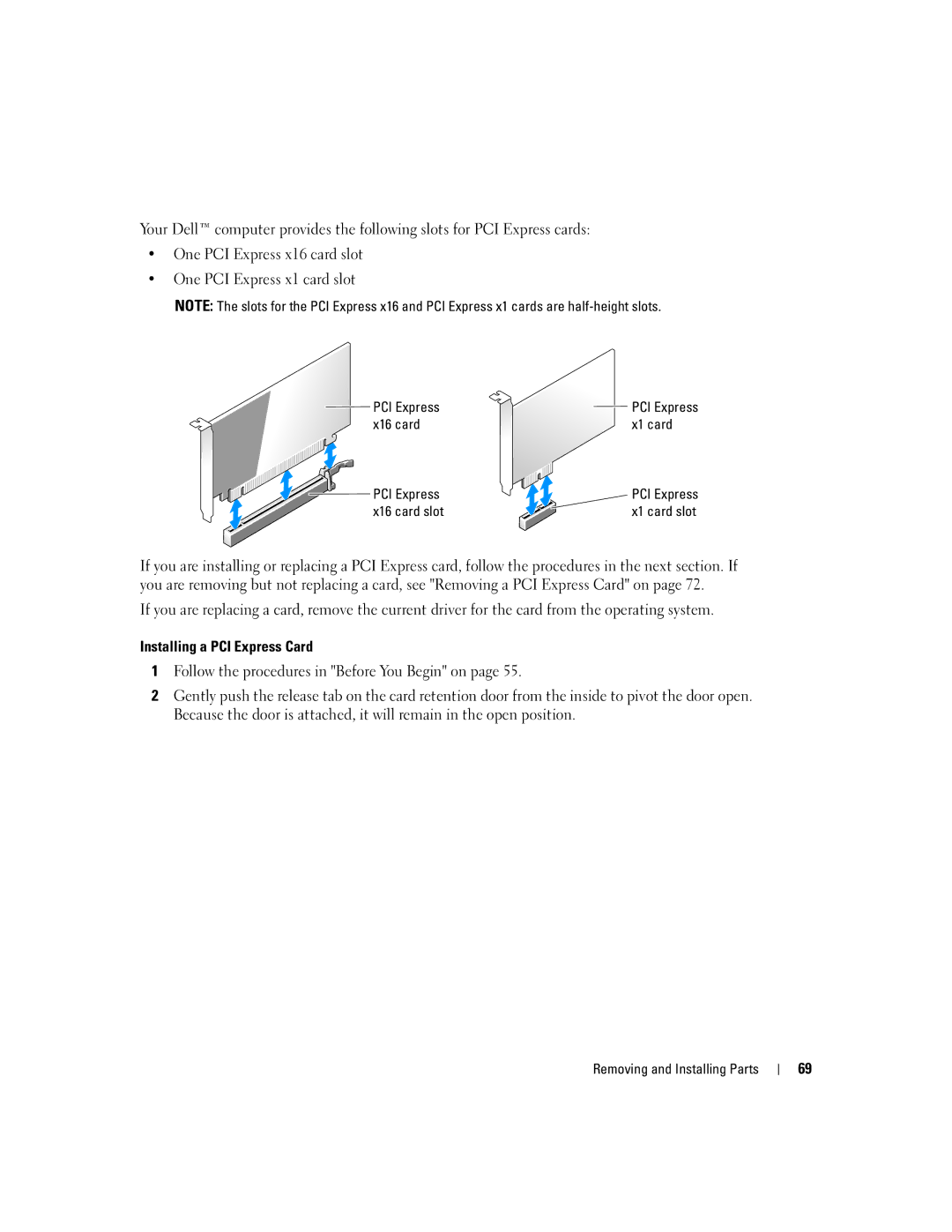 Dell 200 owner manual Installing a PCI Express Card, X16 card X1 card PCI Express, X16 card slot 