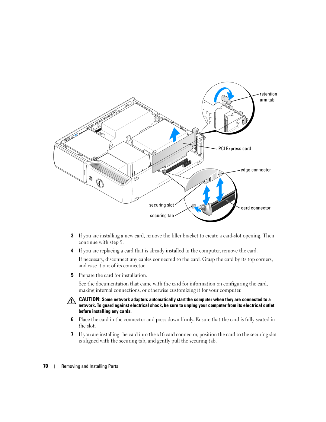 Dell 200 owner manual Retention arm tab, Edge connector Securing slot Card connector Securing tab 