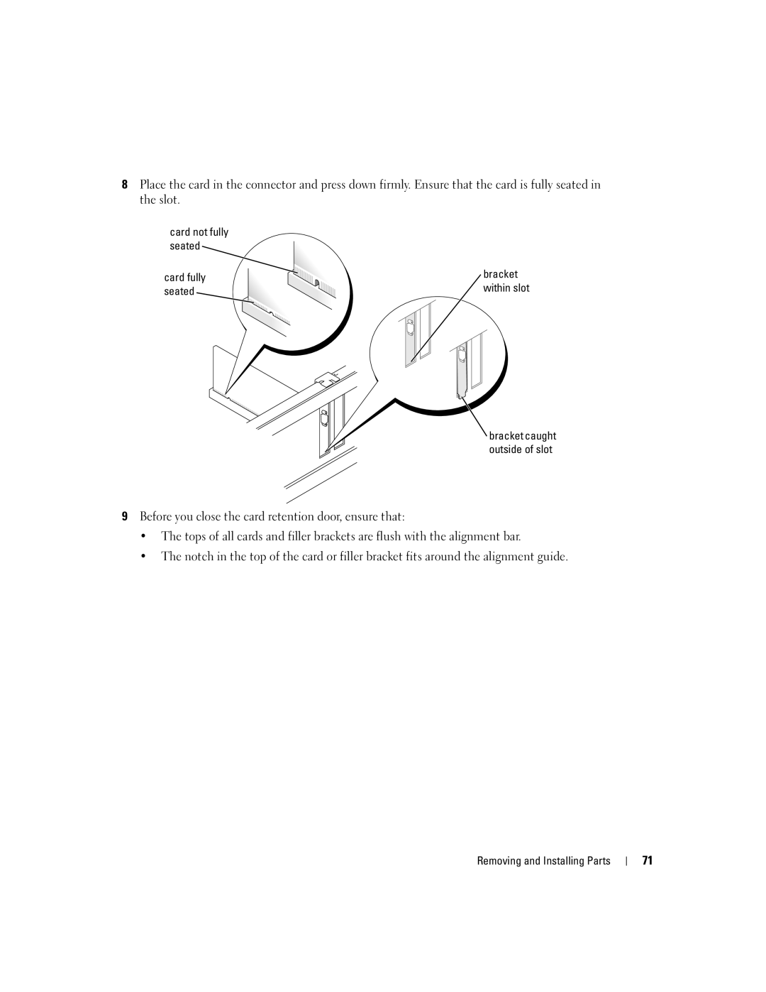 Dell 200 owner manual Card not fully seated Card fully Bracket, Seated 