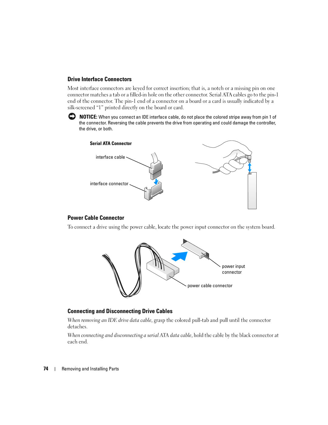 Dell 200 owner manual Drive Interface Connectors, Power Cable Connector, Connecting and Disconnecting Drive Cables 