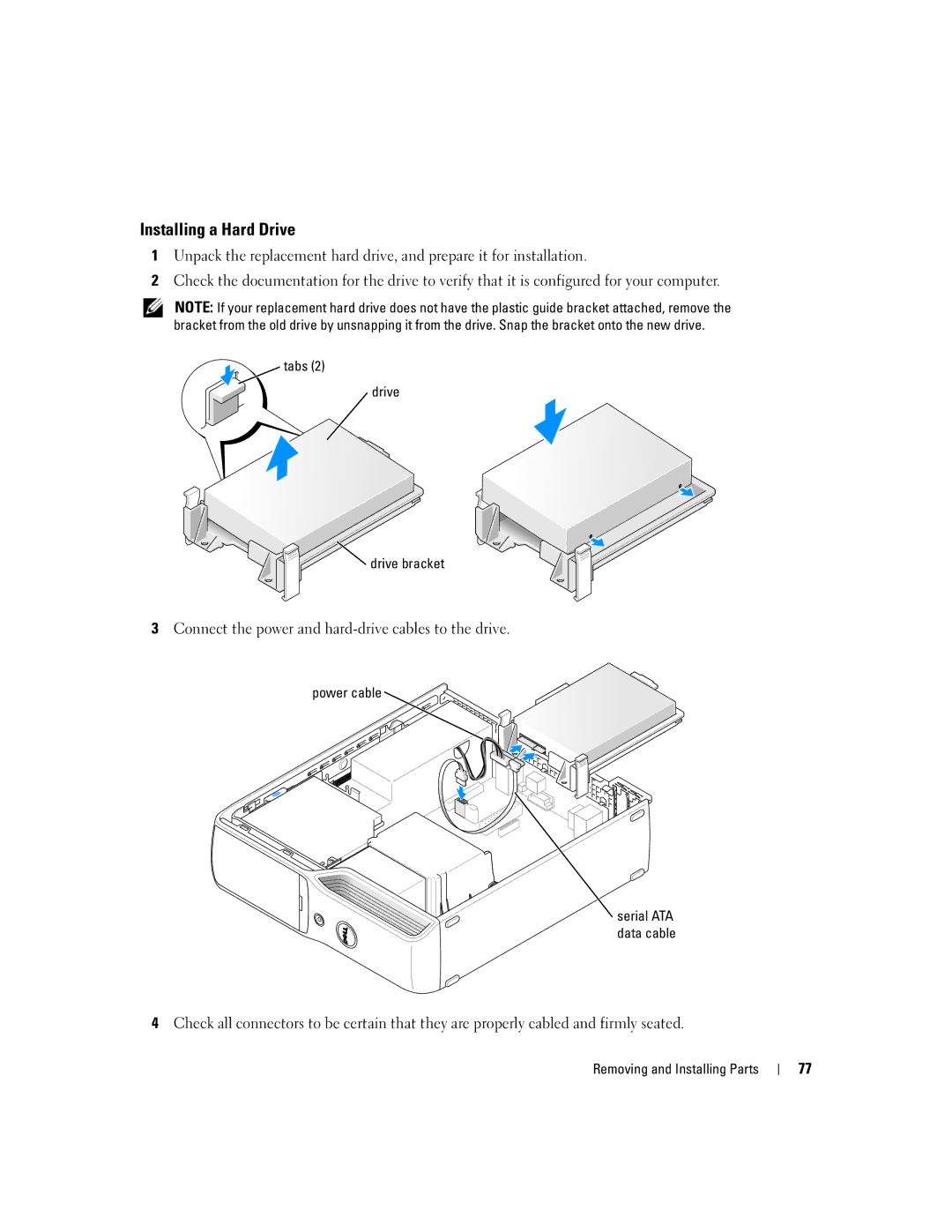 Dell 200 owner manual Installing a Hard Drive, Tabs Drive Drive bracket 