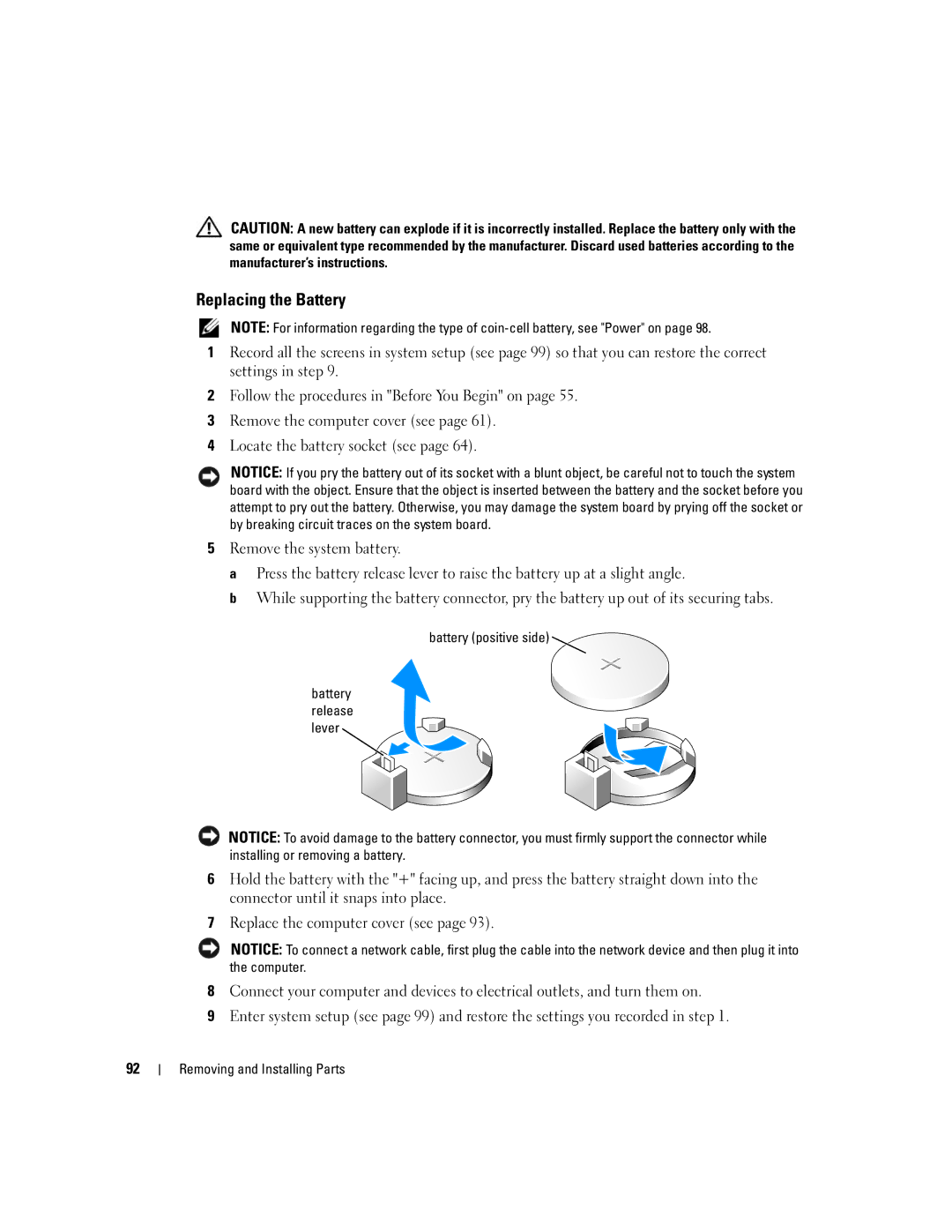 Dell 200 owner manual Replacing the Battery, Battery positive side 