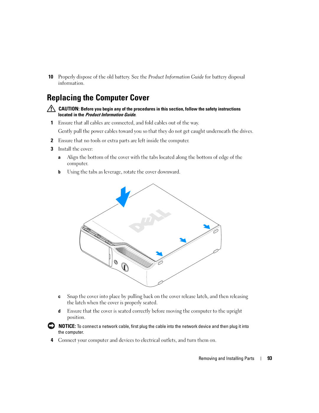 Dell 200 owner manual Replacing the Computer Cover 