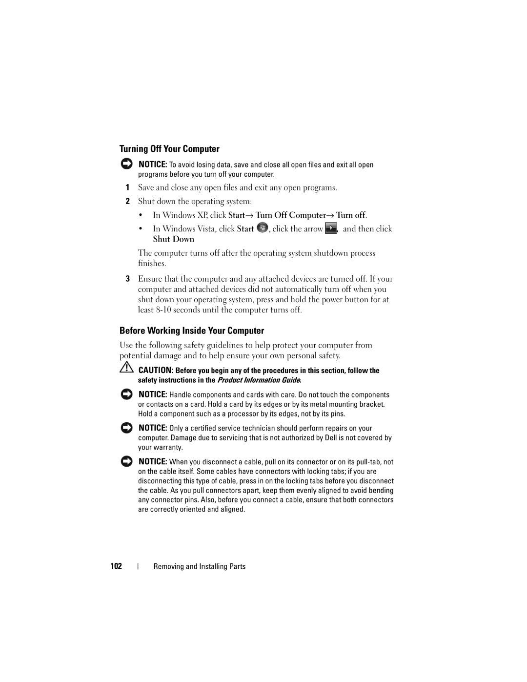 Dell 200 owner manual Turning Off Your Computer, Before Working Inside Your Computer 