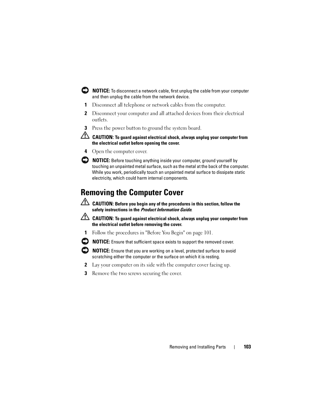 Dell 200 owner manual Removing the Computer Cover, 103 