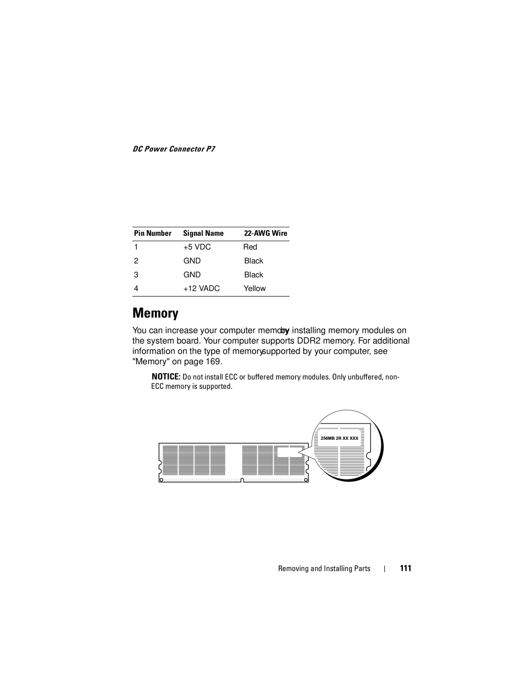 Dell 200 owner manual Memory, 111, DC Power Connector P7 Pin Number Signal Name, +12 Vadc Yellow 