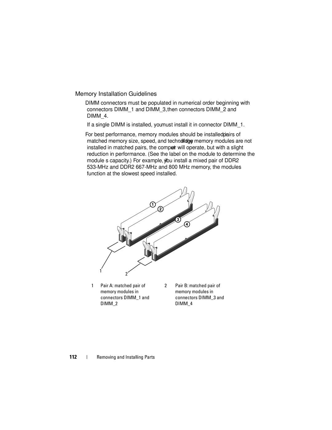 Dell 200 owner manual Memory Installation Guidelines, 112 