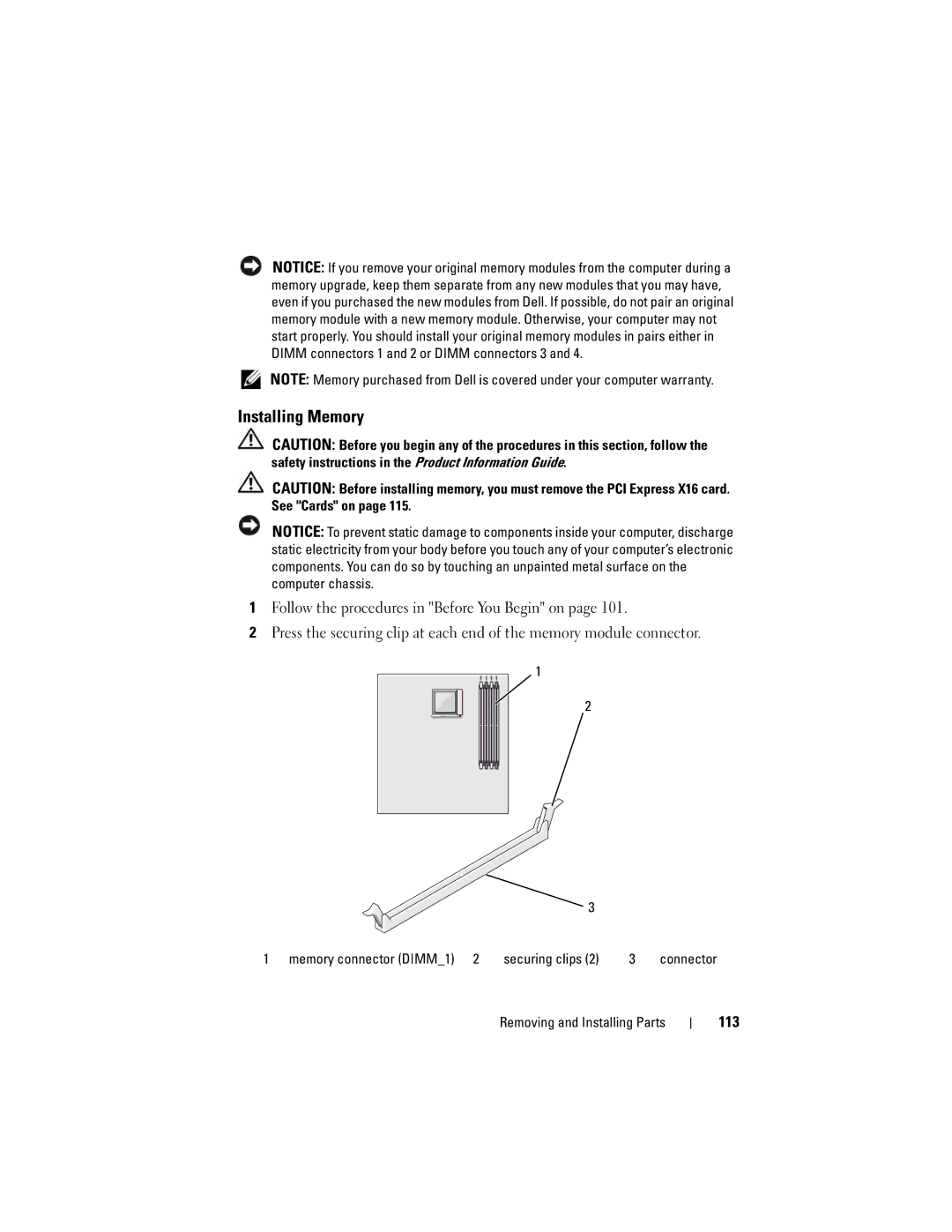 Dell 200 owner manual Installing Memory, 113, Memory connector DIMM1 