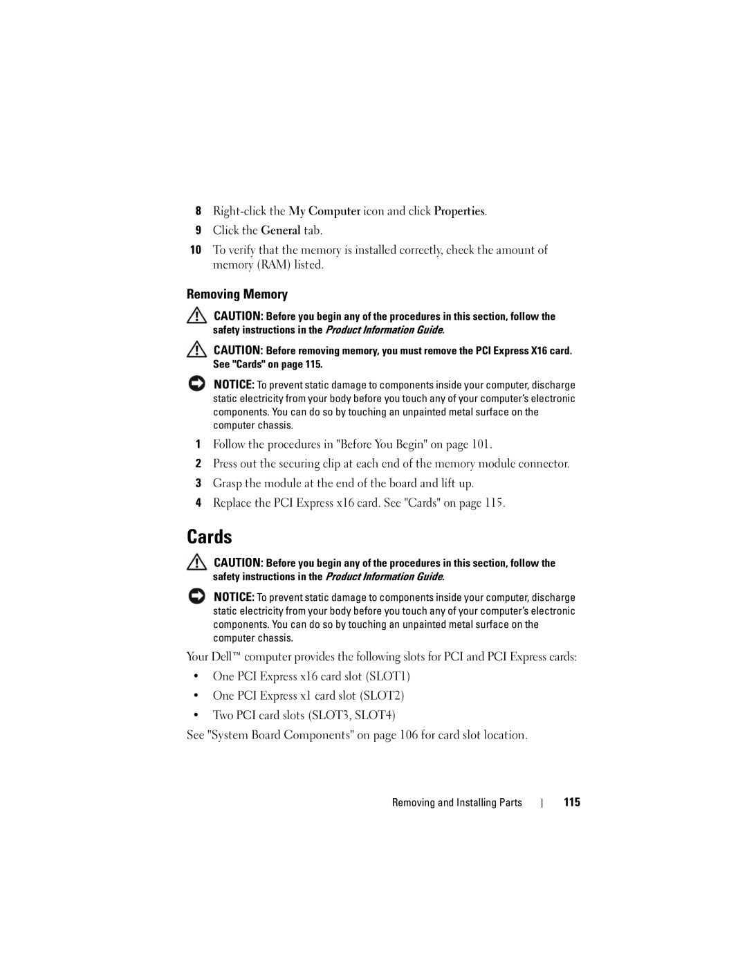 Dell 200 owner manual Cards, Removing Memory, 115 