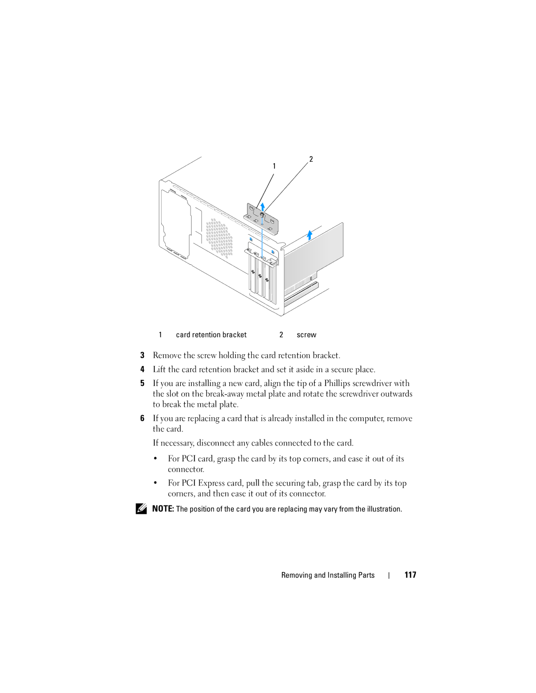 Dell 200 owner manual 117, Card retention bracket 