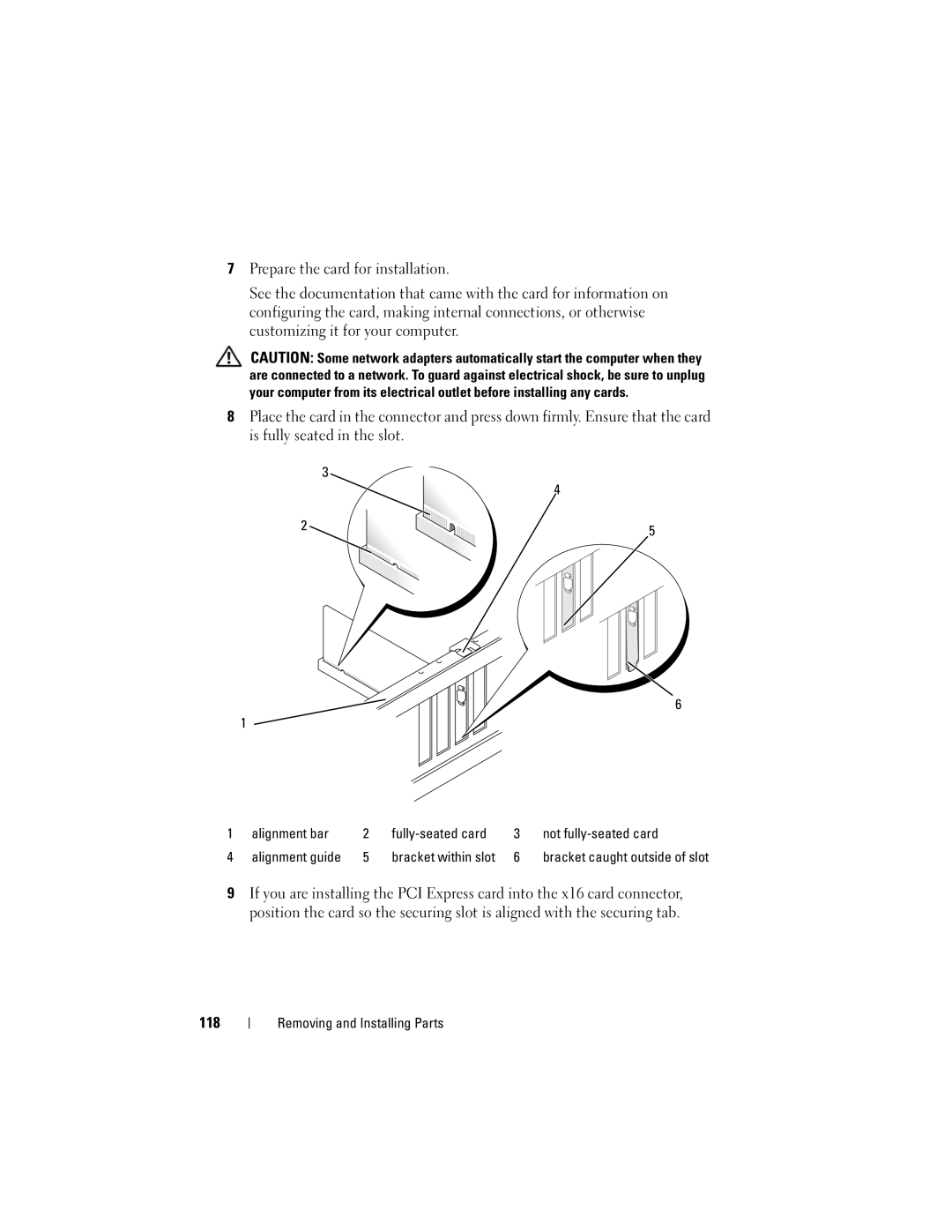 Dell 200 owner manual 118, Alignment bar Fully-seated card Not fully-seated card 