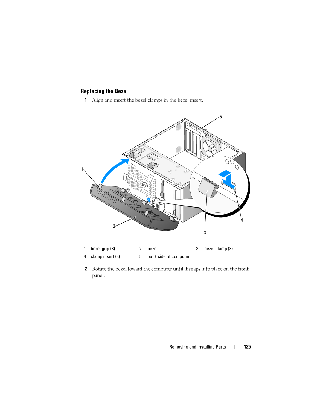 Dell 200 owner manual Replacing the Bezel, Align and insert the bezel clamps in the bezel insert, 125 