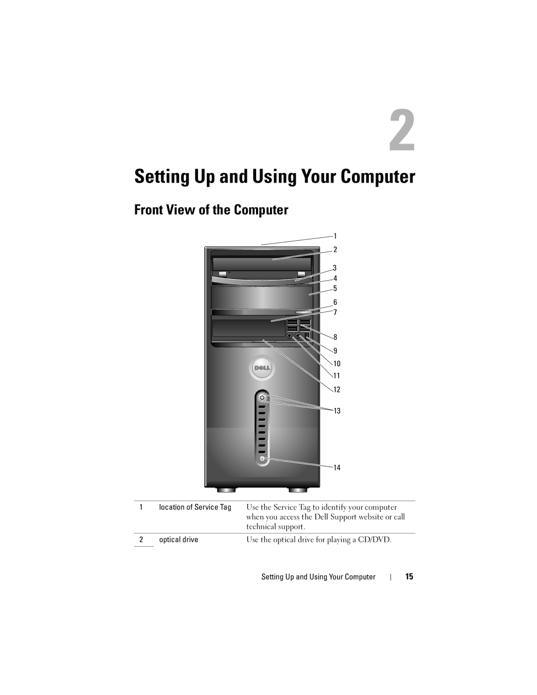 Dell 200 owner manual Front View of the Computer, Setting Up and Using Your Computer 