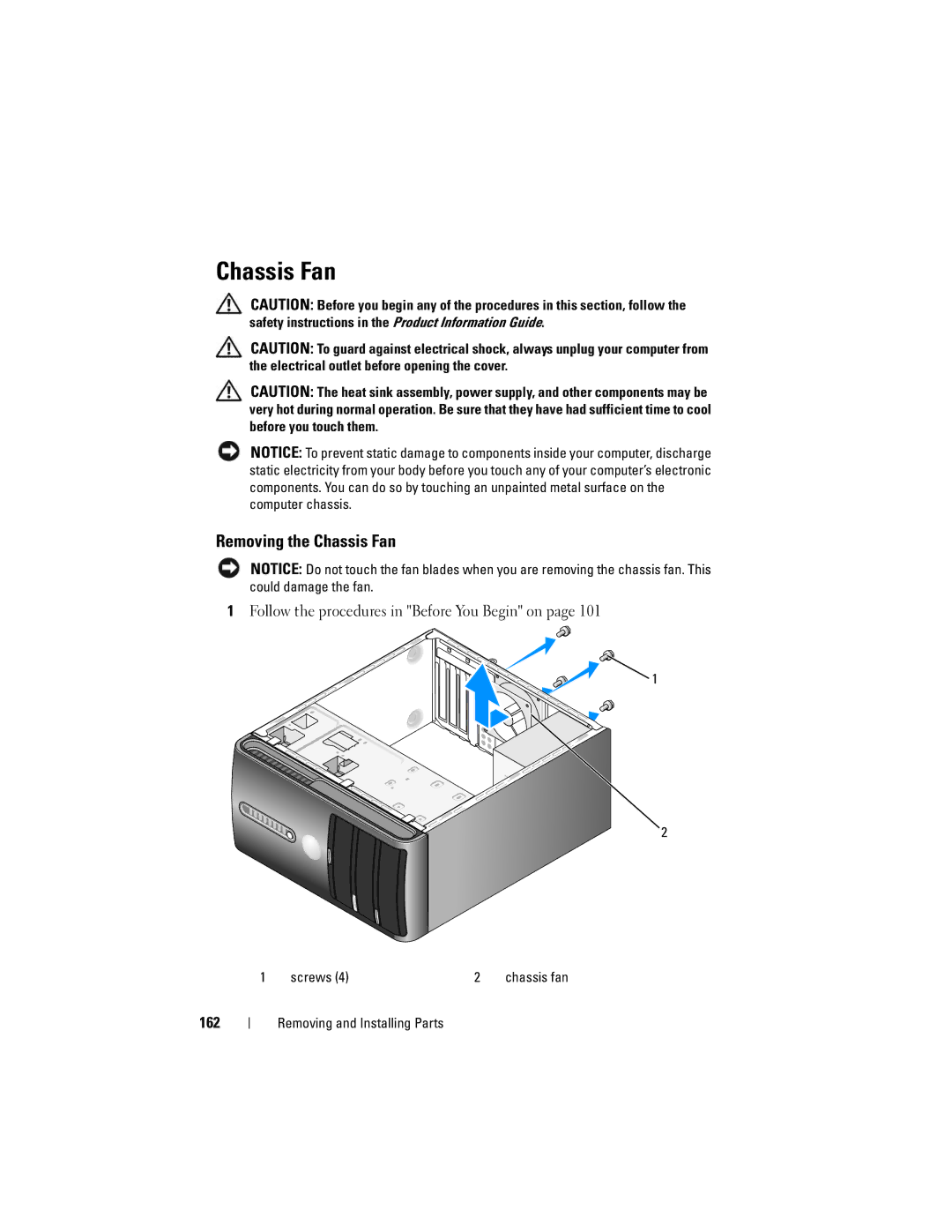 Dell 200 owner manual Removing the Chassis Fan, 162 