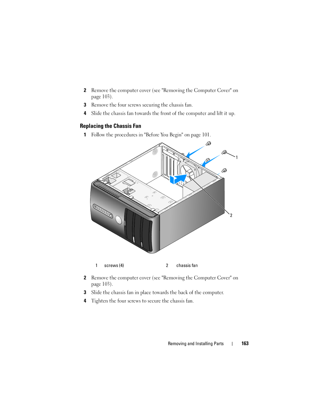 Dell 200 owner manual Replacing the Chassis Fan, 163 