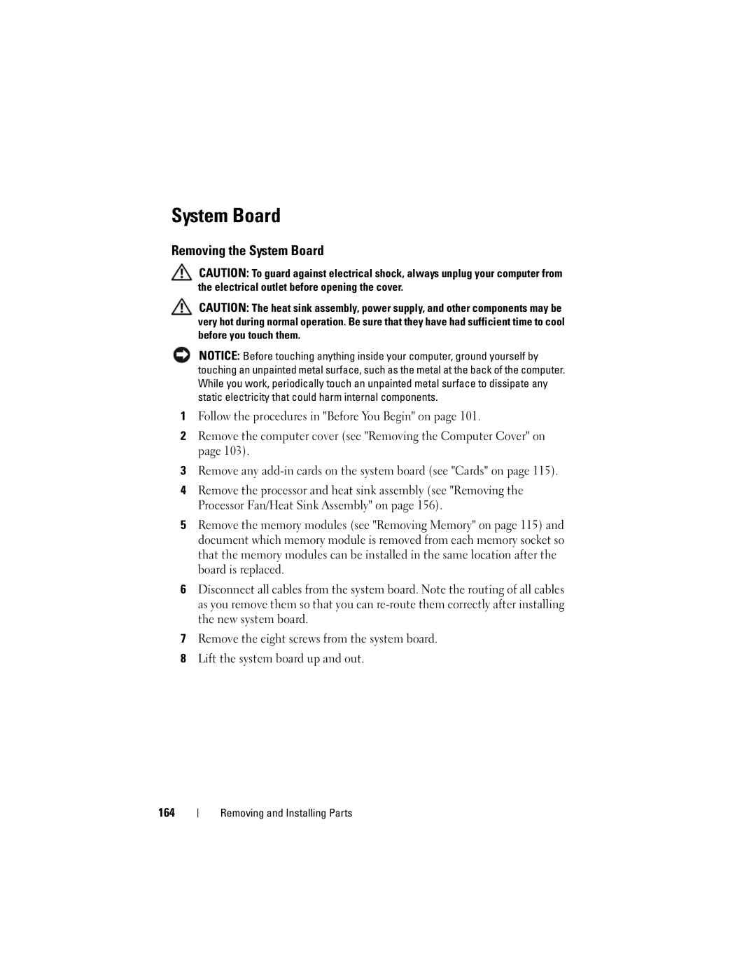 Dell 200 owner manual Removing the System Board 