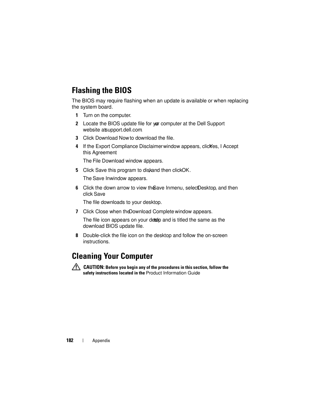 Dell 200 owner manual Flashing the Bios, Cleaning Your Computer, 182 