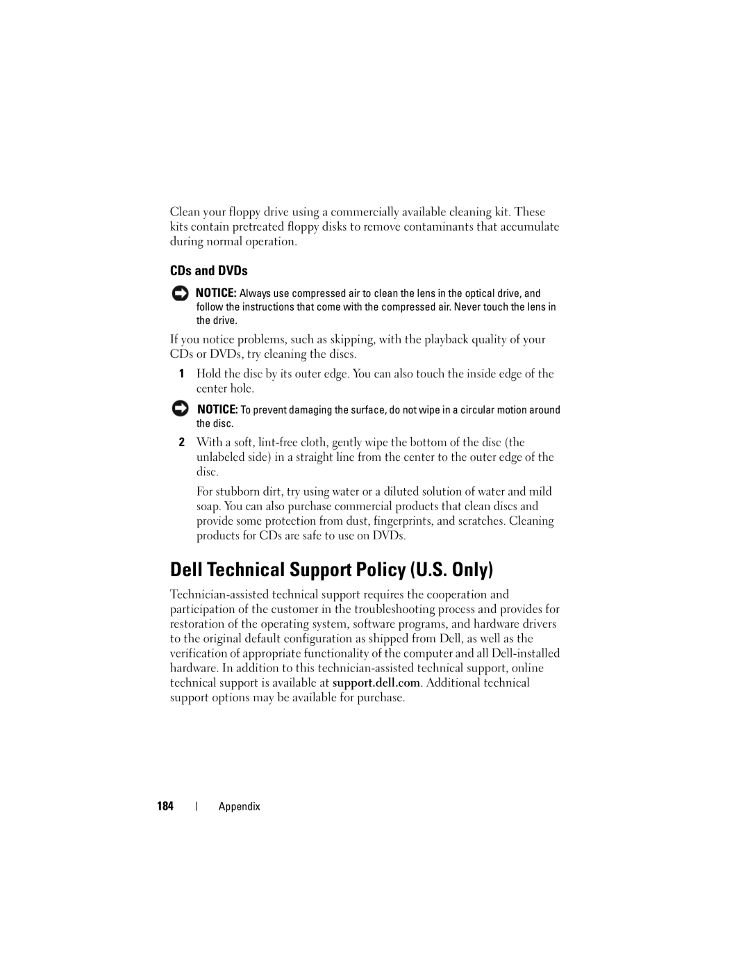 Dell 200 owner manual Dell Technical Support Policy U.S. Only, CDs and DVDs 