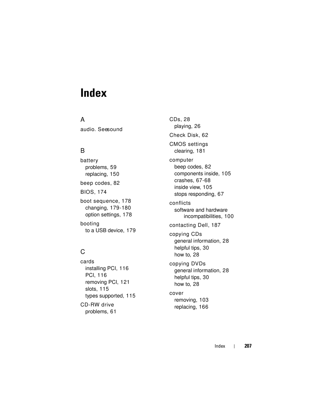 Dell 200 owner manual Inside view, 105 stops responding, Index 