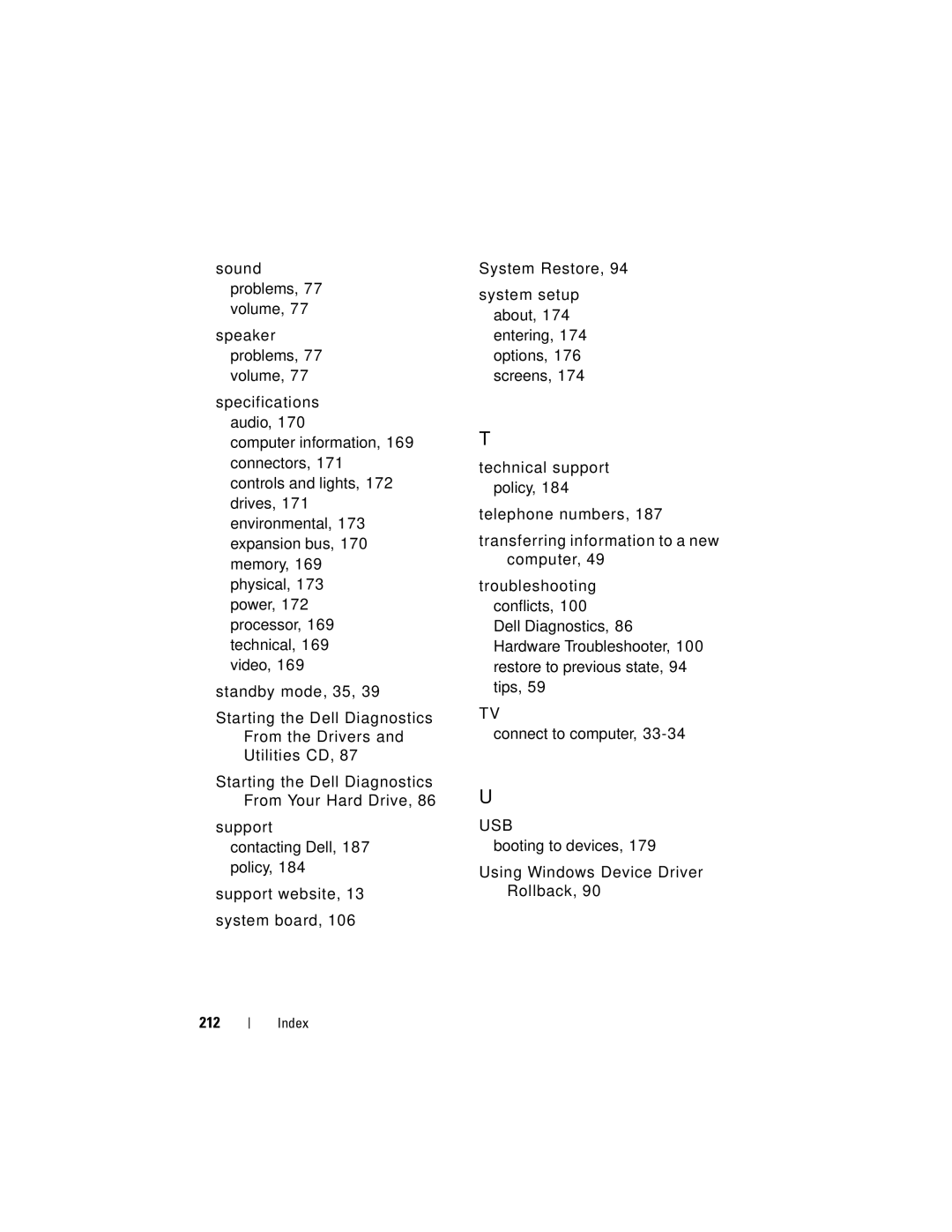 Dell 200 owner manual Usb, Booting to devices Using Windows Device Driver Rollback 212 