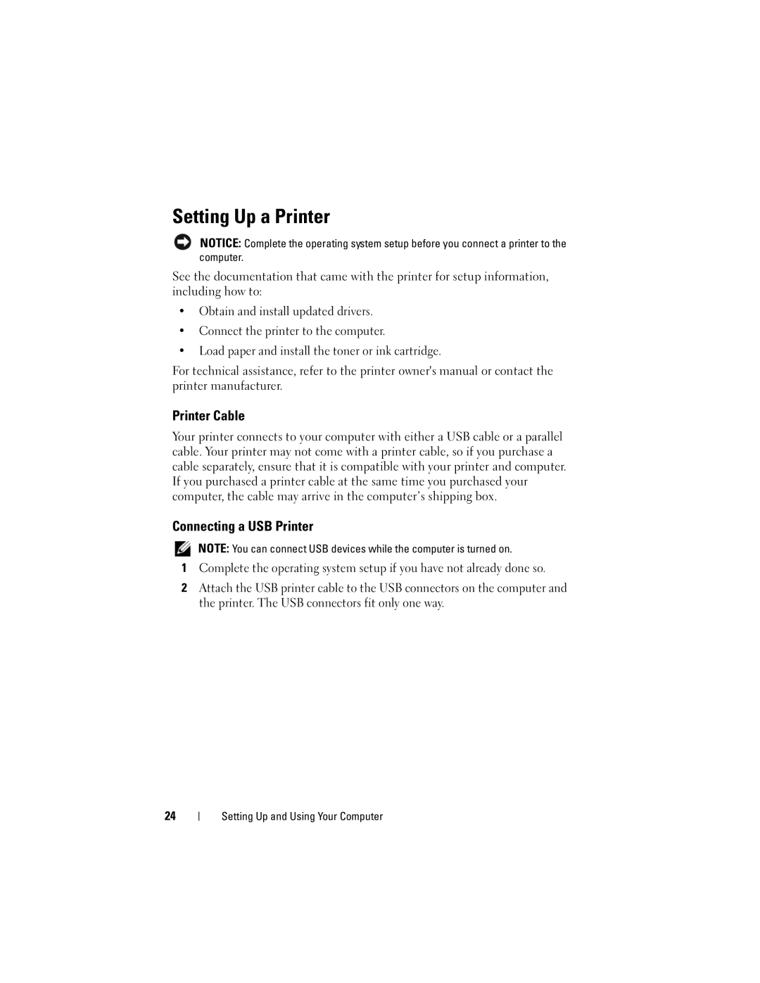 Dell 200 owner manual Setting Up a Printer, Printer Cable, Connecting a USB Printer 