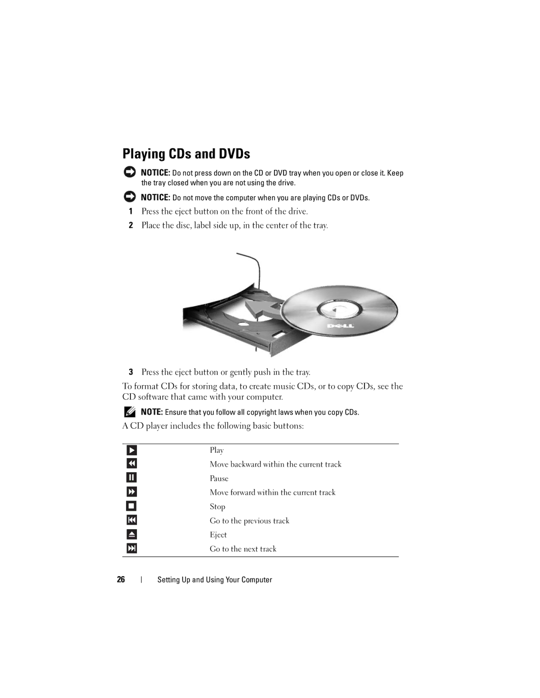 Dell 200 owner manual Playing CDs and DVDs 