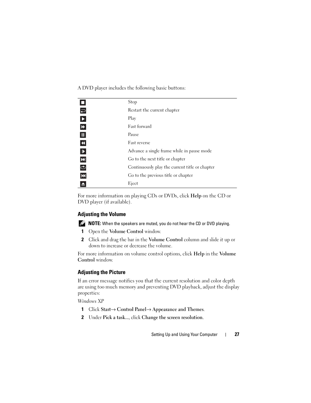 Dell 200 owner manual Adjusting the Volume, Adjusting the Picture, DVD player includes the following basic buttons 