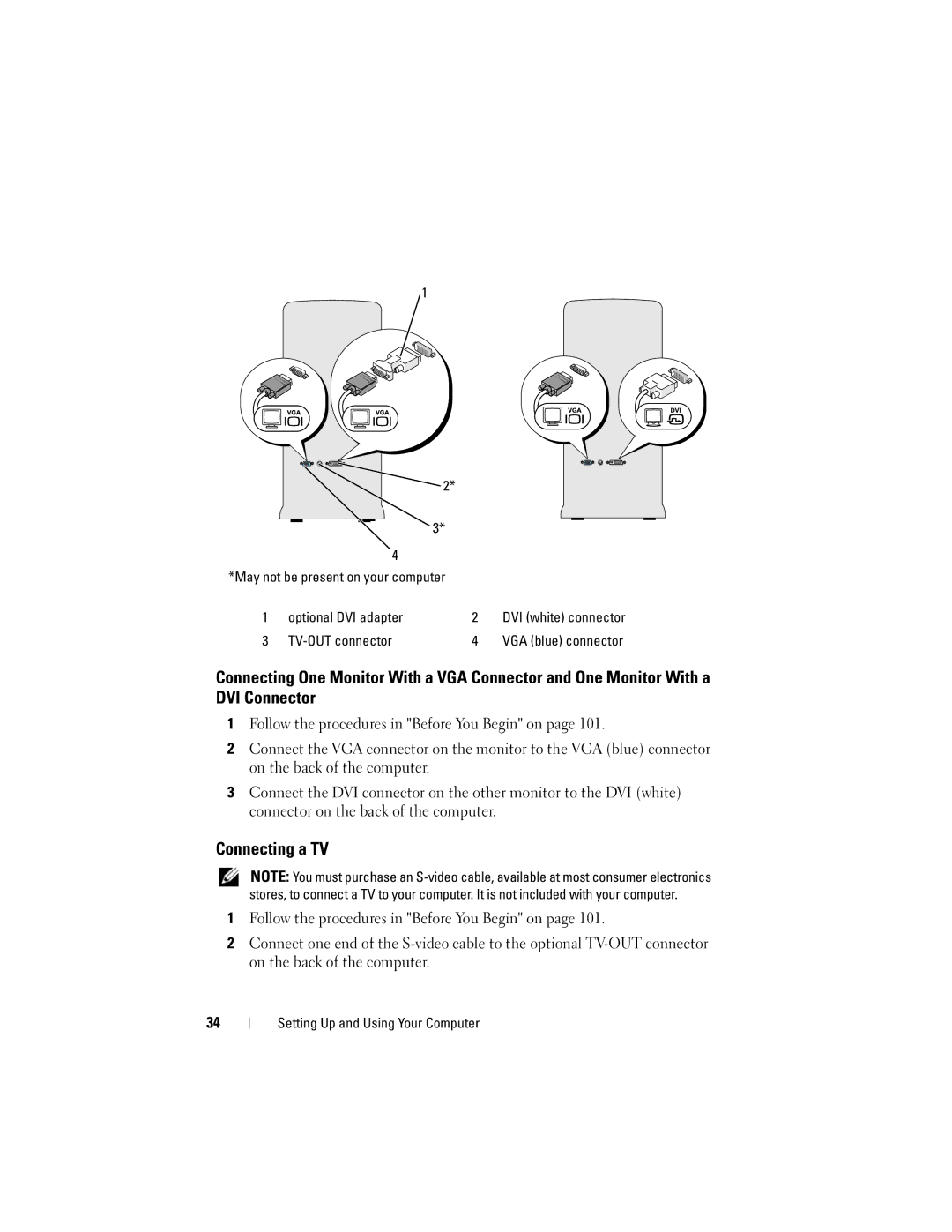 Dell 200 owner manual Connecting a TV, May not be present on your computer Optional DVI adapter, TV-OUT connector 