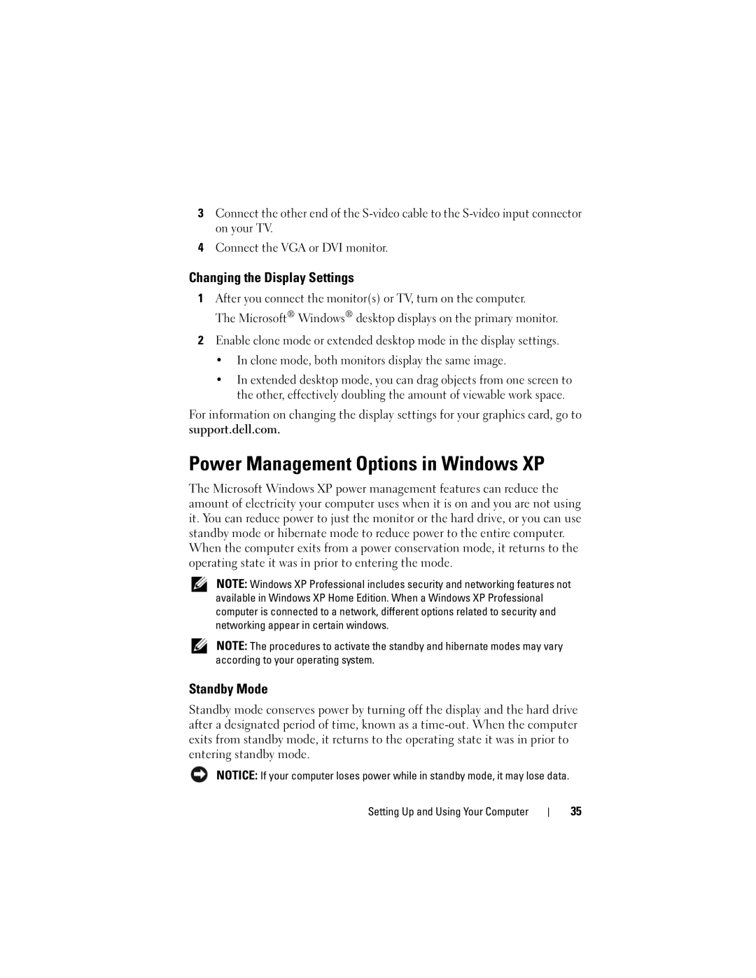 Dell 200 owner manual Power Management Options in Windows XP, Changing the Display Settings, Standby Mode 