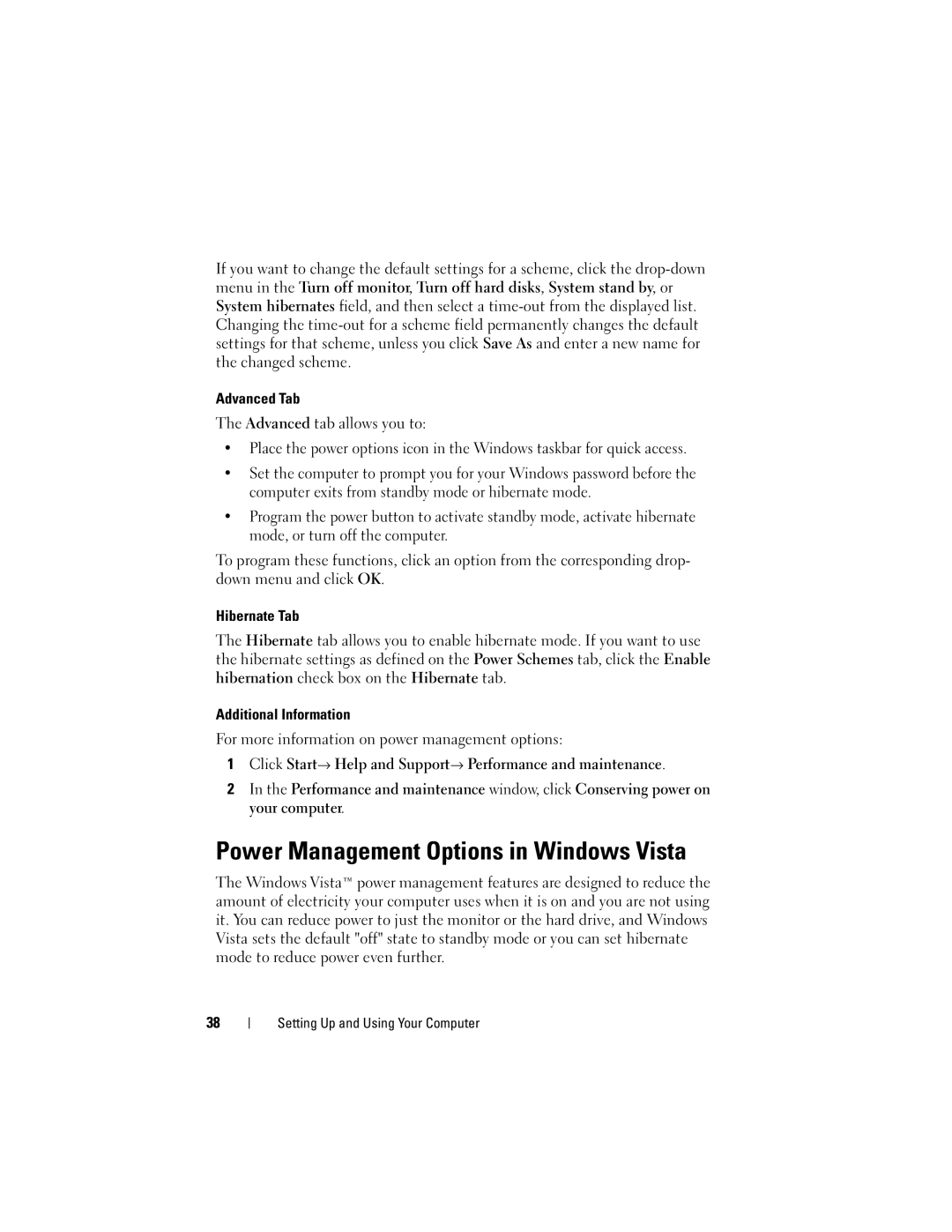 Dell 200 owner manual Power Management Options in Windows Vista 