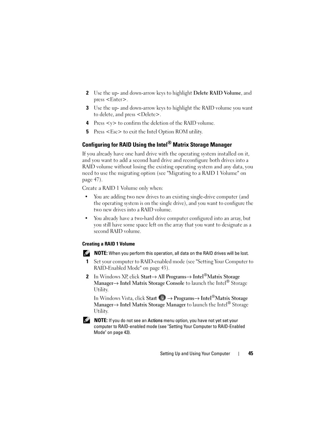 Dell 200 owner manual Configuring for RAID Using the Intel Matrix Storage Manager 