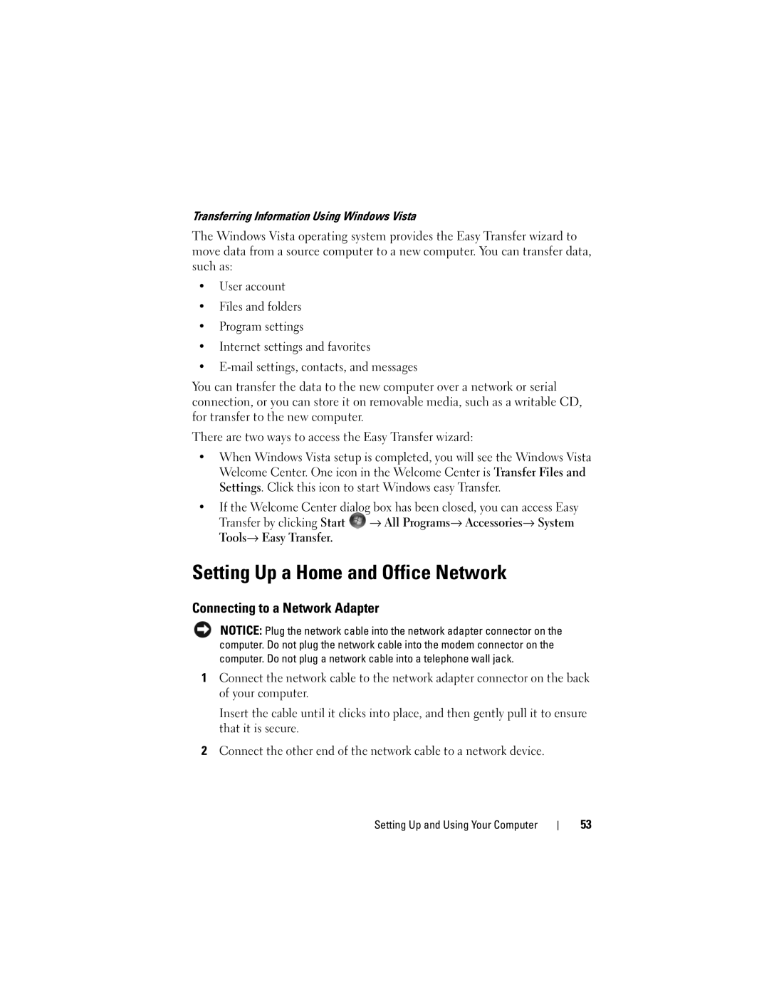 Dell 200 owner manual Setting Up a Home and Office Network, Connecting to a Network Adapter 