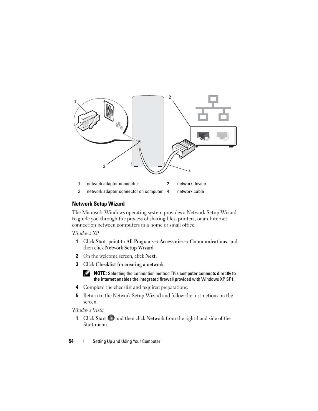 Dell 200 owner manual Network Setup Wizard, Network adapter connector 