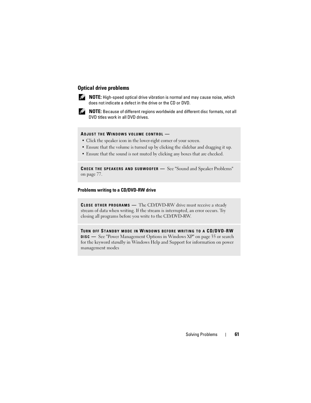 Dell 200 owner manual Optical drive problems, Problems writing to a CD/DVD-RW drive 