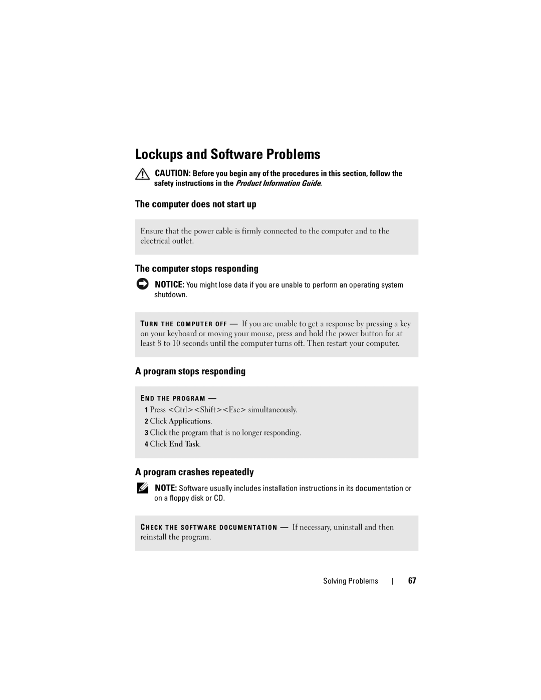 Dell 200 Lockups and Software Problems, Computer does not start up, Computer stops responding, Program stops responding 