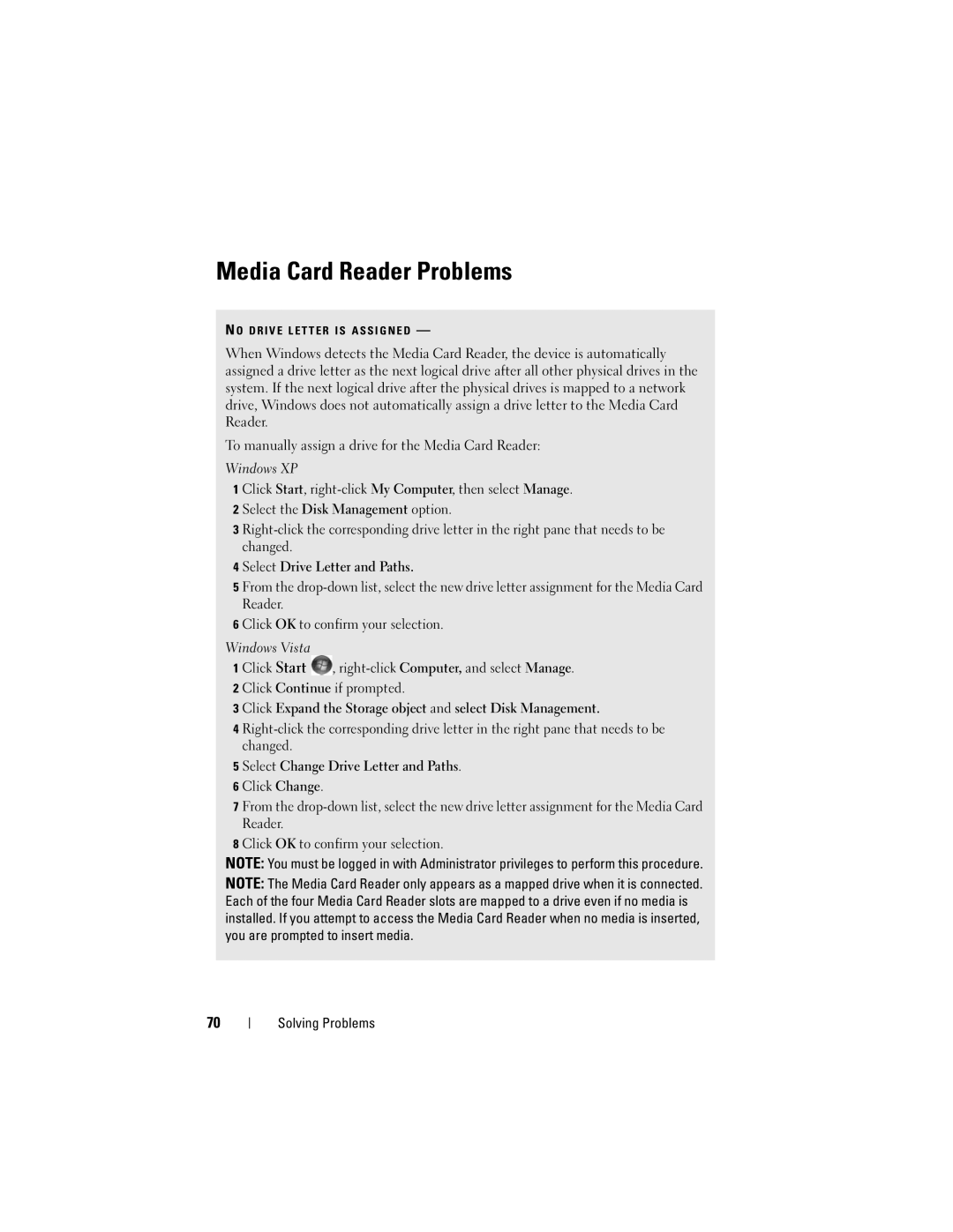 Dell 200 owner manual Media Card Reader Problems 