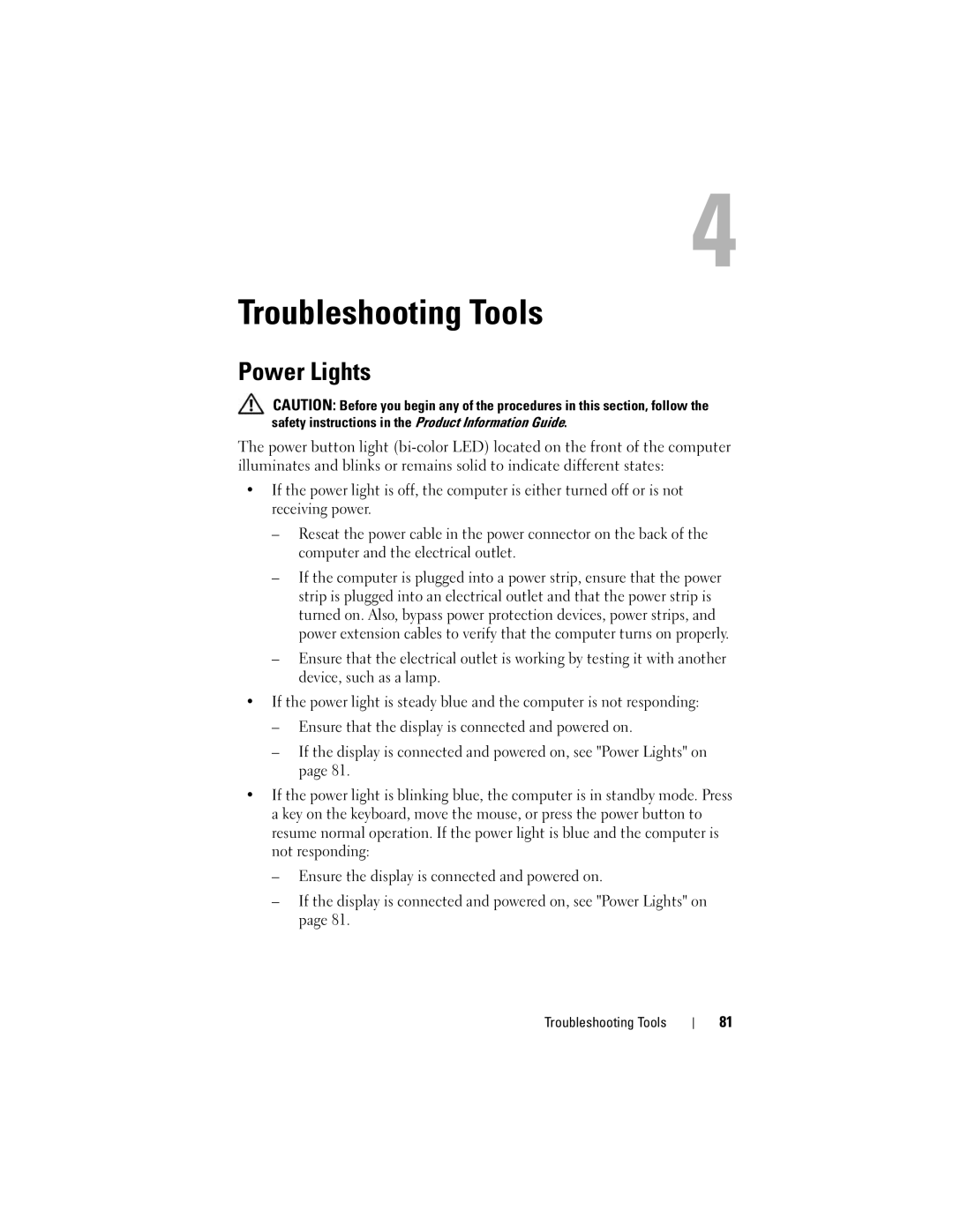 Dell 200 owner manual Power Lights, Troubleshooting Tools 