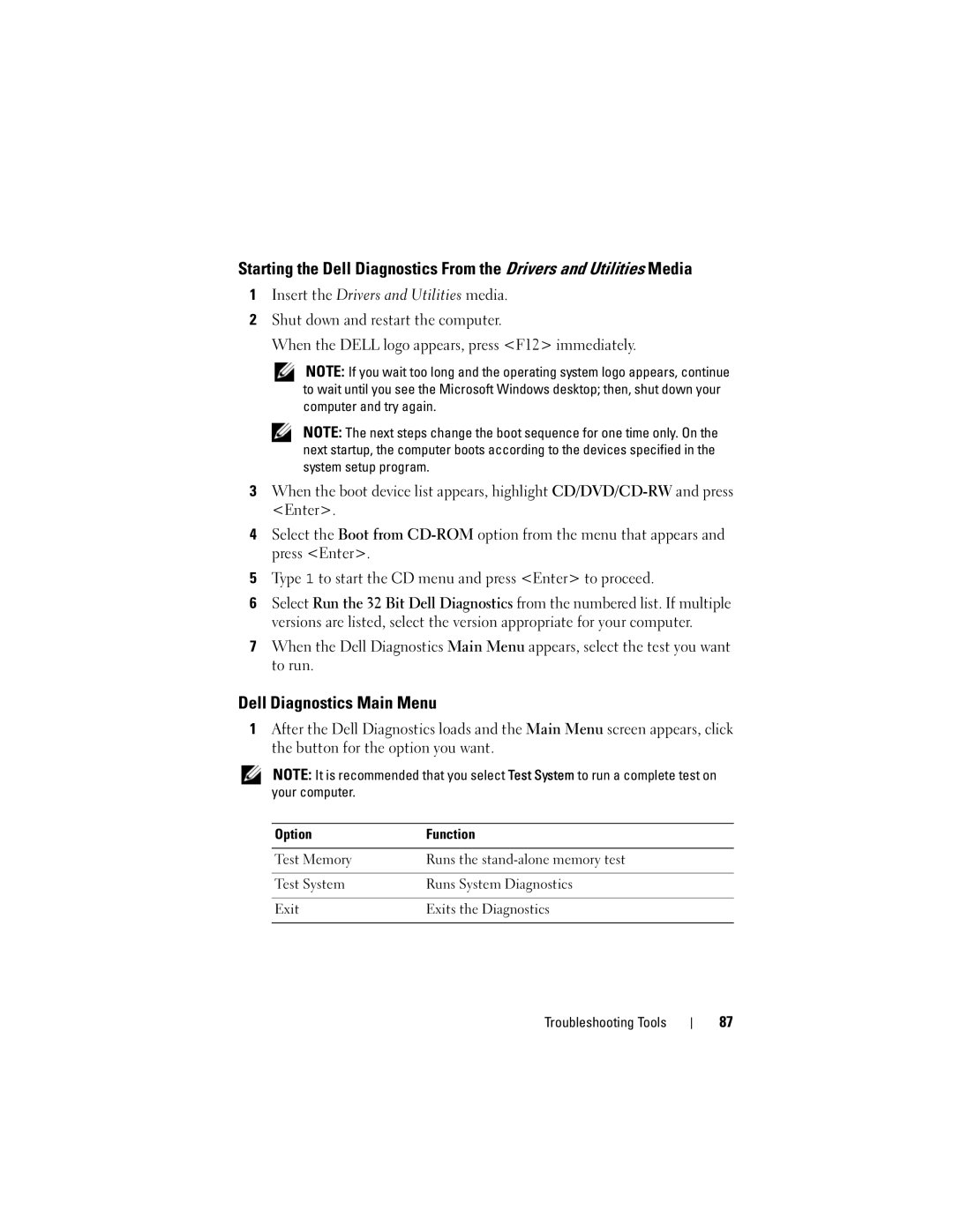 Dell 200 owner manual Dell Diagnostics Main Menu, Option Function 