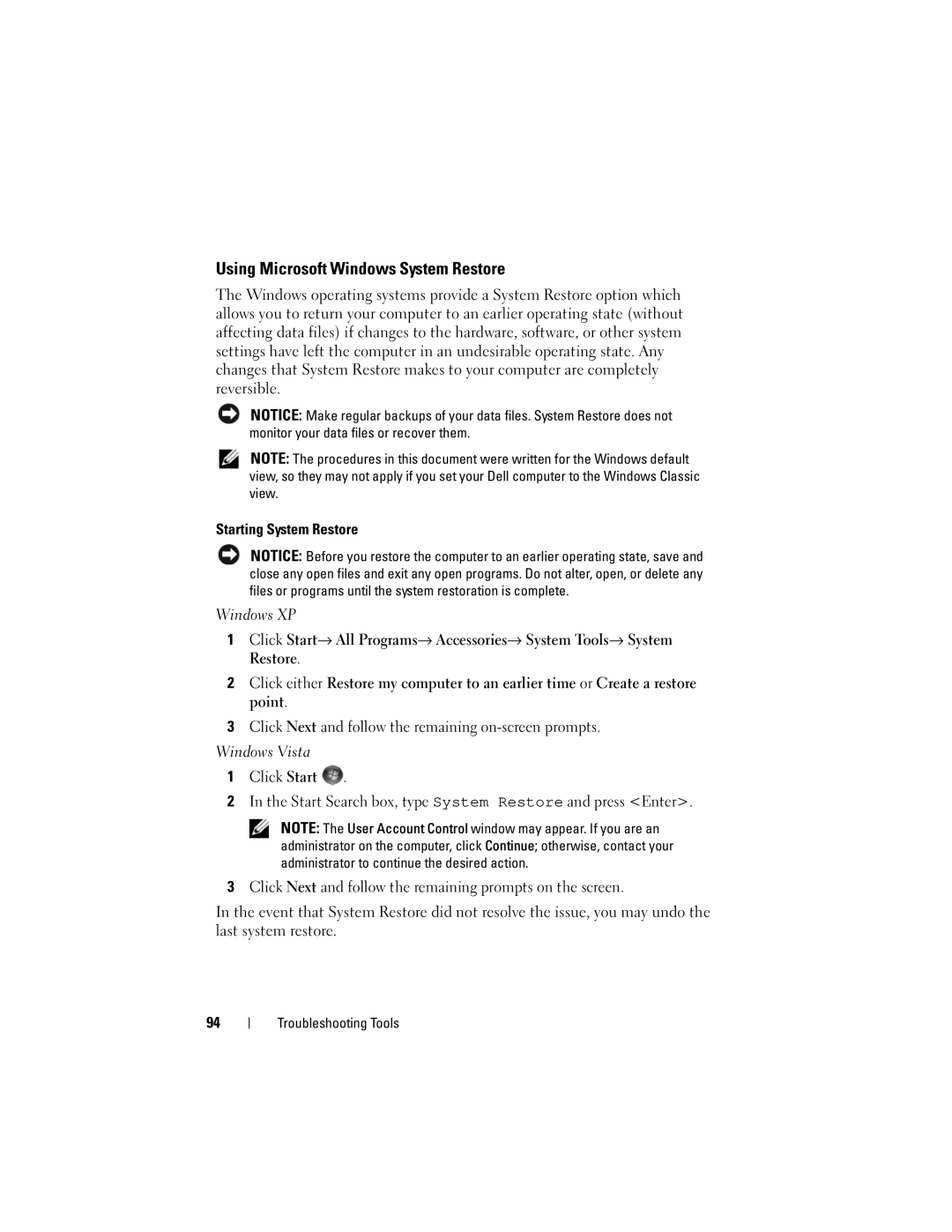 Dell 200 owner manual Using Microsoft Windows System Restore 