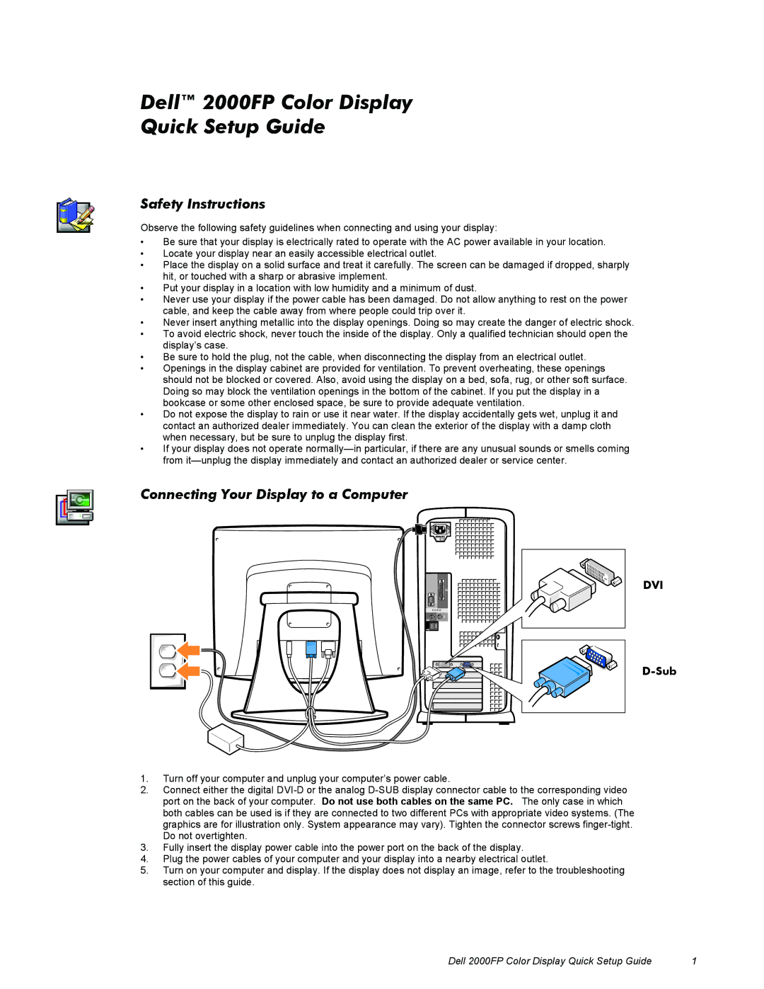 Dell 2000FP setup guide Safety Instructions, Connecting Your Display to a Computer 