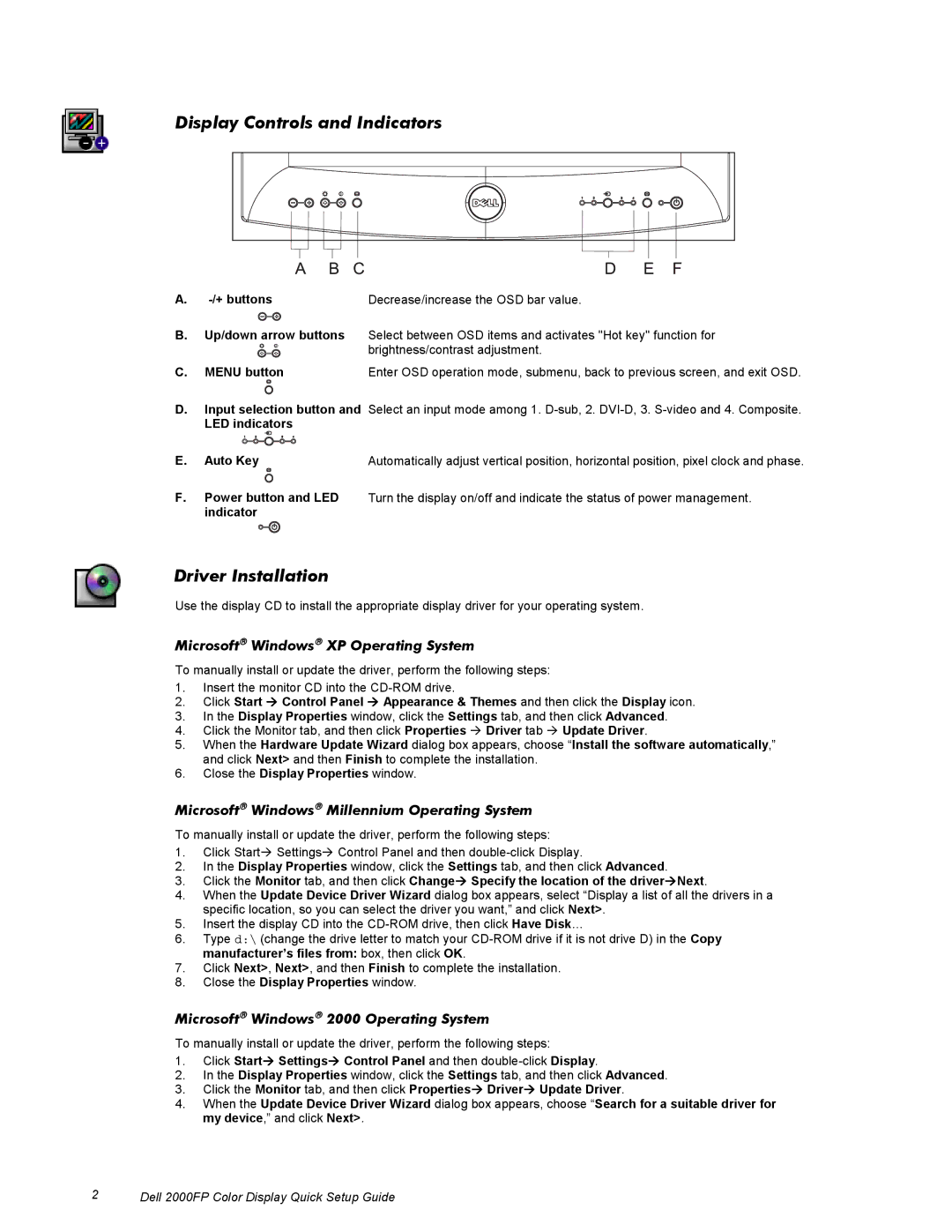 Dell 2000FP setup guide Display Controls and Indicators, Driver Installation, Microsoft Windows XP Operating System 