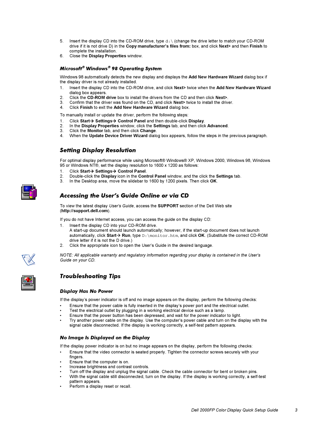 Dell 2000FP setup guide Setting Display Resolution, Accessing the User’s Guide Online or via CD, Troubleshooting Tips 